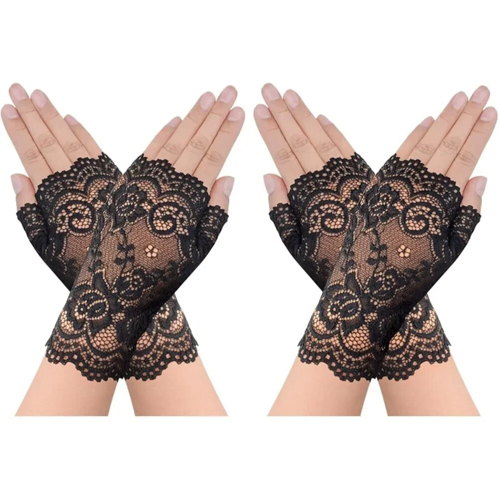Women's 2 Pair Black Lace Fingerless Gloves Party Prom Costume Accessories